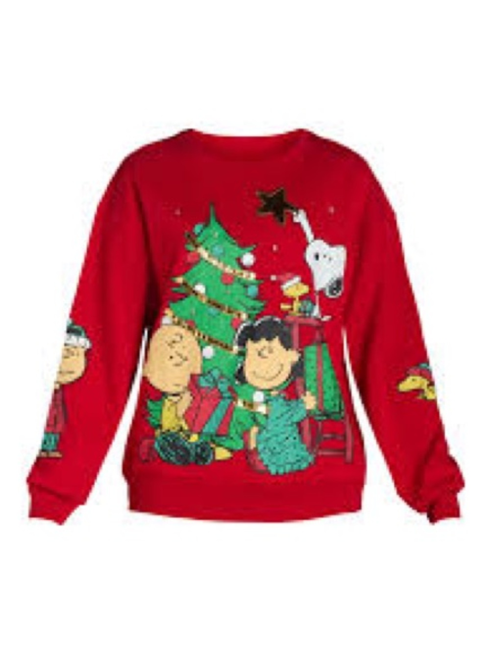 Peanuts Red Off-the-Shoulder Holiday Sweater with Christmas Tree Graphic